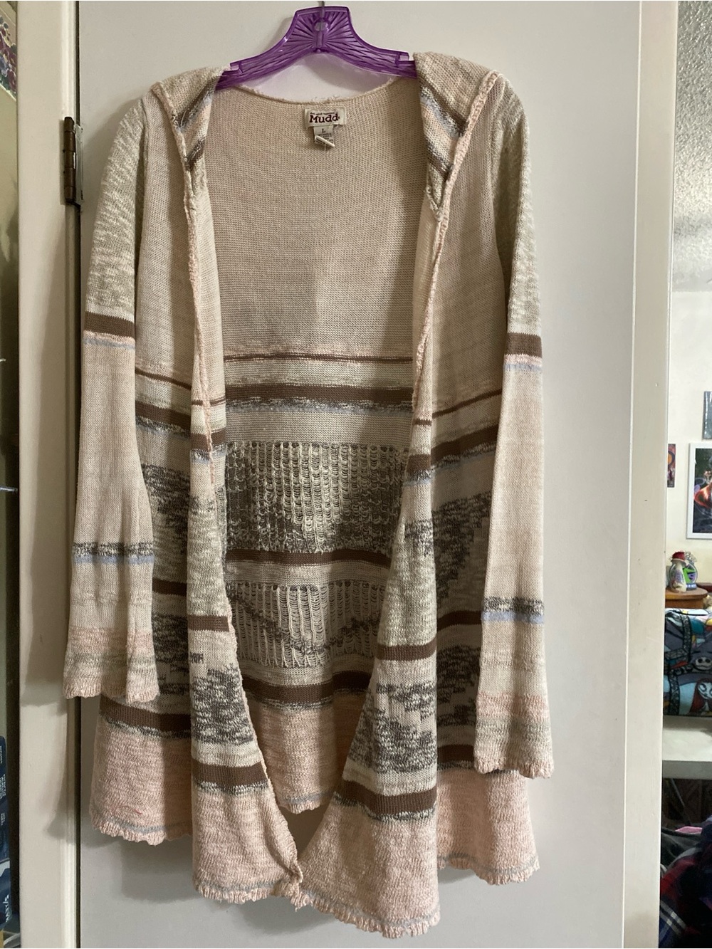 Mudd Women's Y2K BoHo Cream, Taupe & Gray Striped Hooded Open Cardigan
